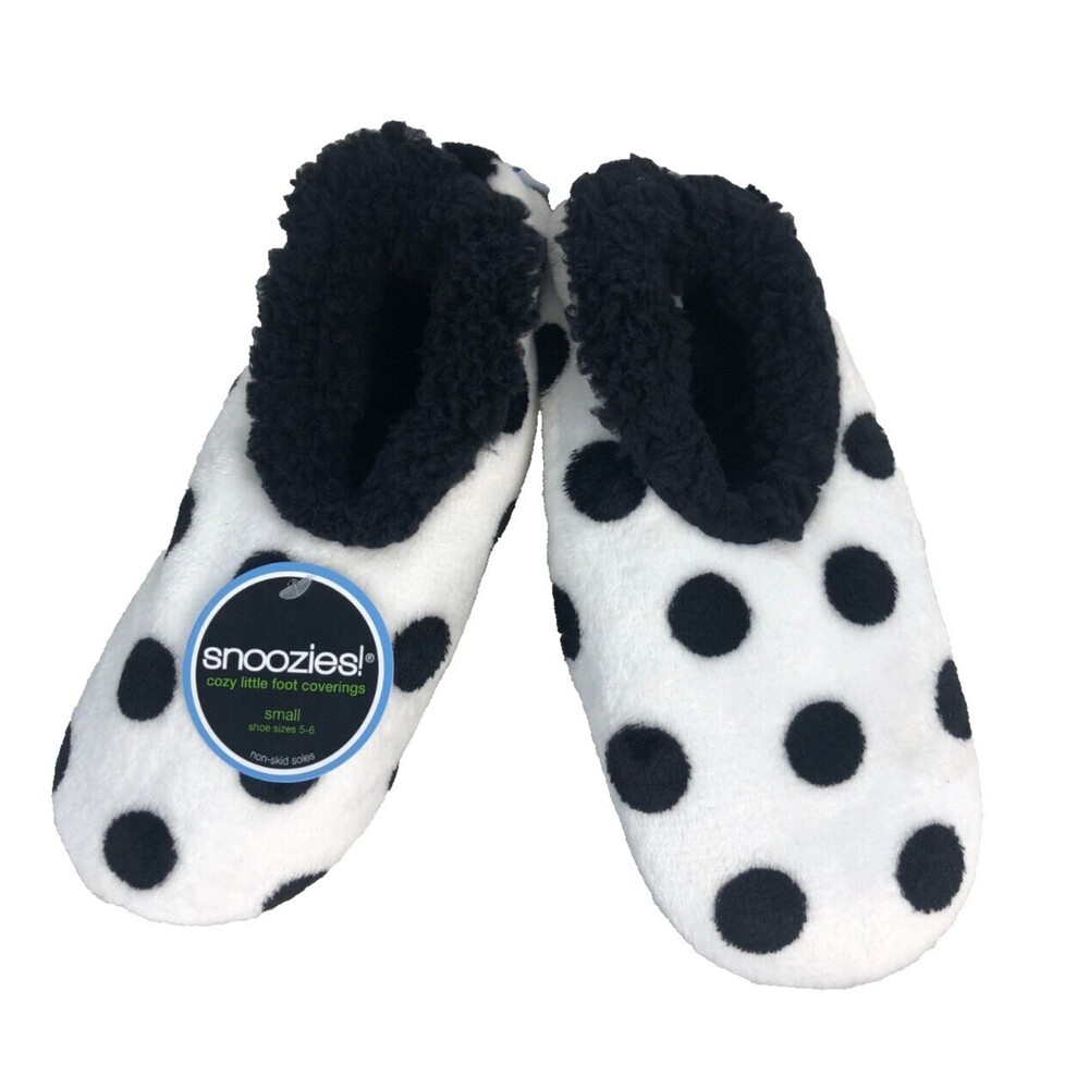 NWT! Snoozies! Black & White Polka Dots Cozy Fuzzy Grip Slippers Sz S 5-6